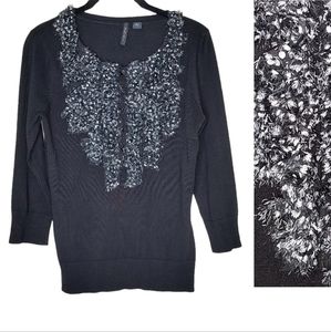 Venini Women S Black 3/4 Sleeve Embellish Fringe Lightweight Whimsygoth Knit Top